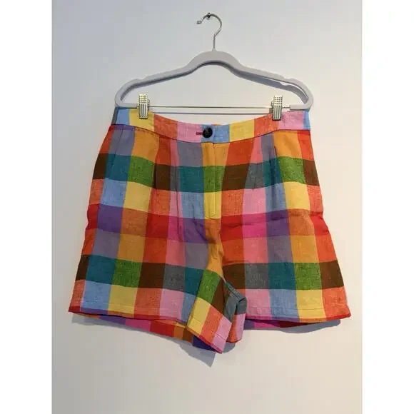 Boden Dulwich Linen Shorts in Rainbow Multigingham 4” Shorts - Size 10